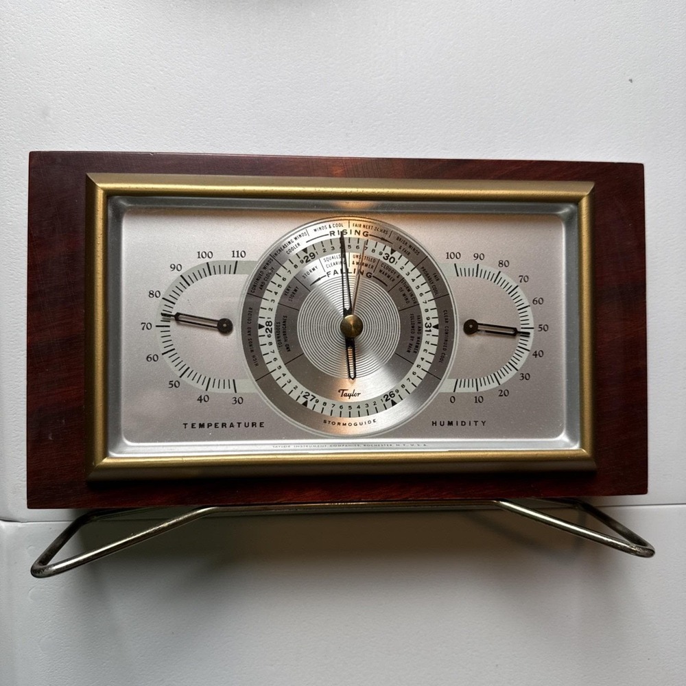 Vintage Taylor Mahogany Wood Desktop Compensated Barometer 3 Gauges